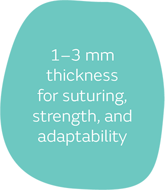 1–3 mm thickness for suturing, strength, and adaptability