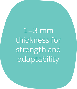 1–3 mm thickness for suturing, strength, and adaptability